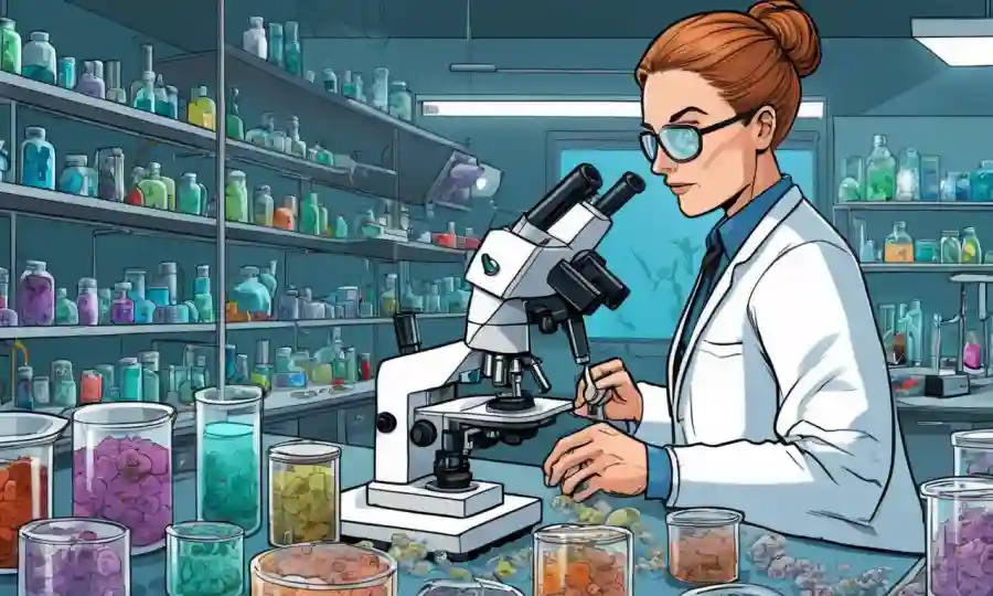 Científico trabajando en un laboratorio con microscopios y platos petri que contienen cultivos de hongos.