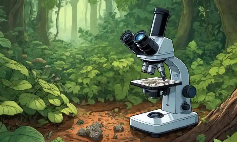 Un microscopio que muestra especies fúngicas en el suelo forestal, rodeado de vegetación exuberante y viñas.