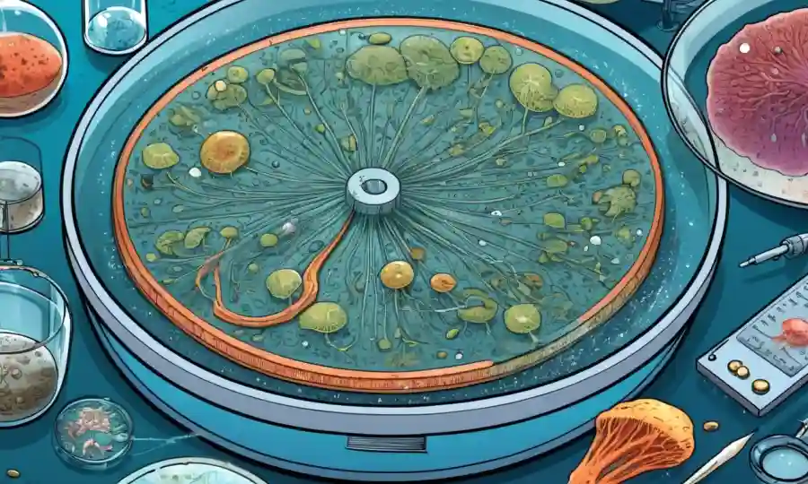 Un micrometro aumenta el crecimiento de hongos en un plato de petri, rodeado de equipos científicos y diagramas.