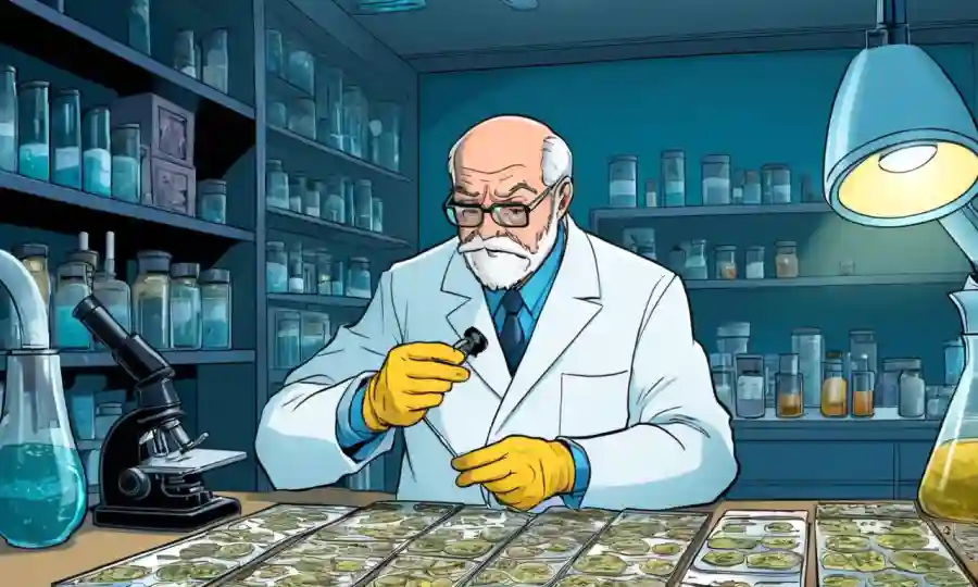 Científico examinando diapositivas de microscopio de muestras de hongos en un entorno de laboratorio.