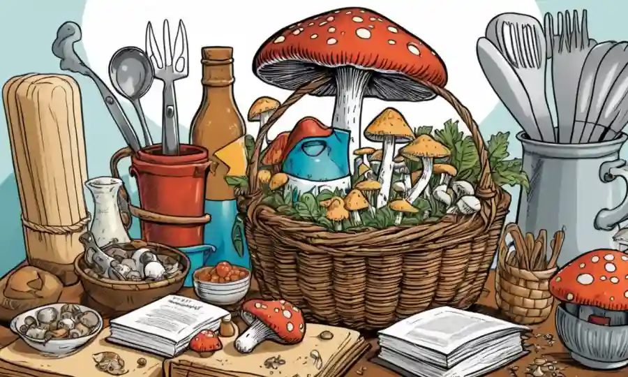 Alguien con una canasta de hongos, rodeado de utensilios de cocina y libros de recetas.