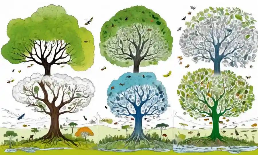 Diagramas similares a los árboles que conectan los marcadores climáticos con la pérdida de biodiversidad y la diversidad de insectos afectados por el cambio climático.