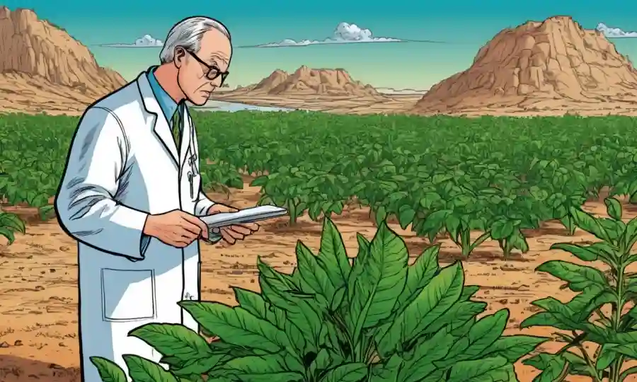 Scientist examina las plagas de plantas en medio de un paisaje asolado por la sequía con vegetación en el fondo.