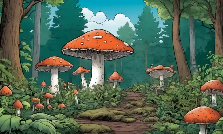 Setas creciendo en un bosque rodeado de árboles y vegetación, con ilustraciones del ciclo del carbono.
