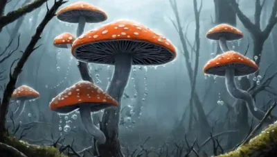 Fungi creciendo en ramas de árboles con burbujas de aire y atmósfera defectuosa.
