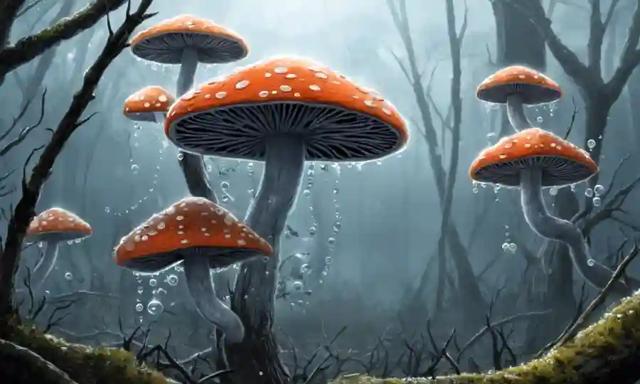 Fungi creciendo en ramas de árboles con burbujas de aire y atmósfera defectuosa.