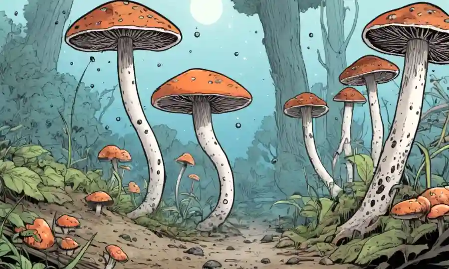Especímenes de hongos en varias superficies, rodeados de partículas de aire e ilustraciones de comportamiento.