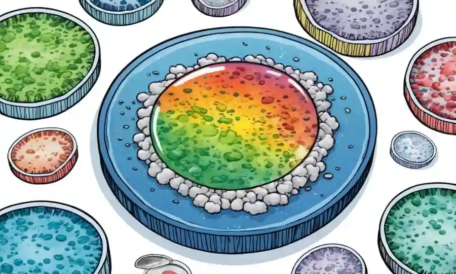 Un plato de petri con diferentes crecimientos de molde de colores rodeado de tiras de pH.