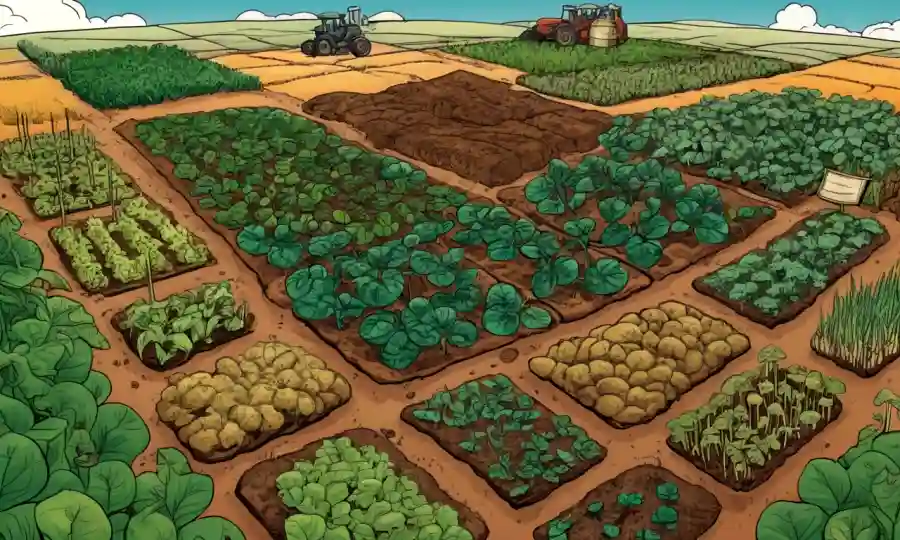 Vista aérea del suelo con hongos creciendo en medio de plantas de cultivo, rodeado de gráficos y gráficos.
