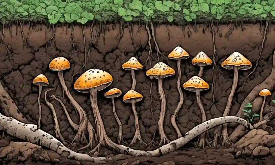 Fungi creciendo en las raíces de la planta, indicador de pH del suelo cerca.