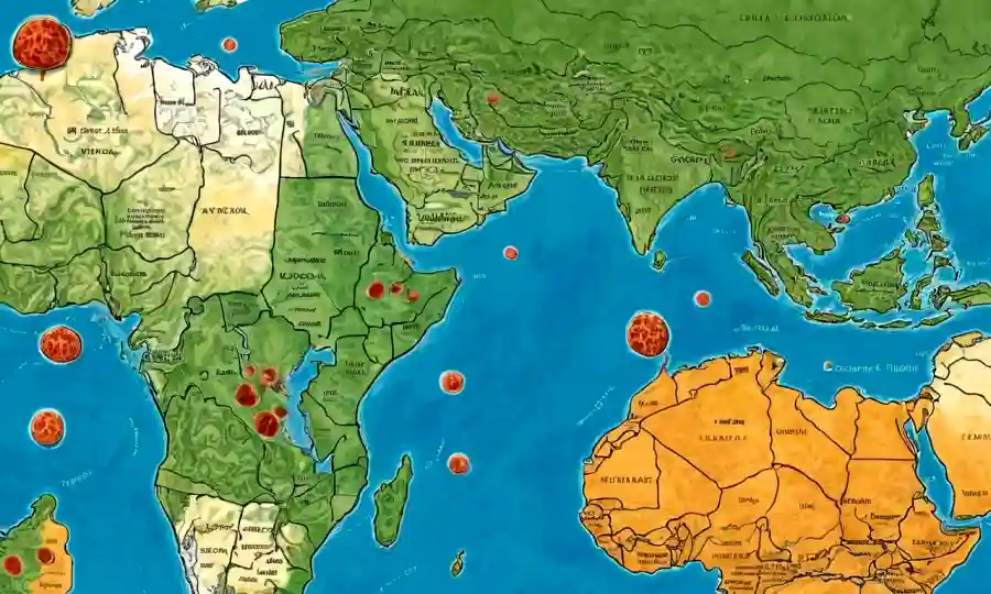 Cultivos de hongos microscópicos en un fondo de mapa destacando diferentes zonas geográficas.
