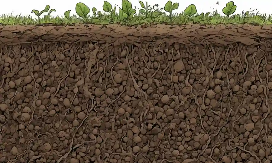 Ilustración de suelo con materia orgánica, descomposición y crecimiento.