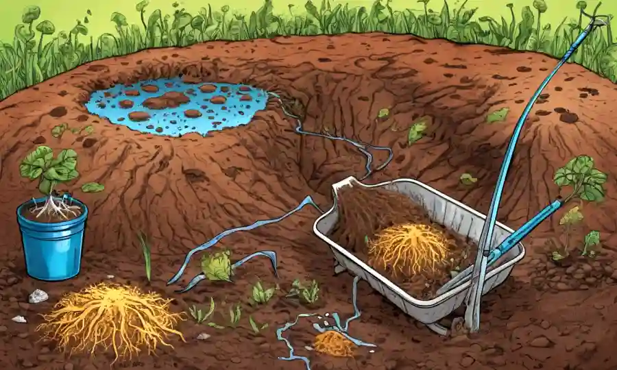 Microorganismos derribando materia orgánica en suelo o compost con diagramas científicos que rodean.