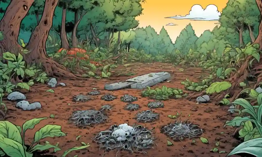 Depiction of decomposing organic matter surrounded by nature elements, highlighting its impact on the ecosystem.