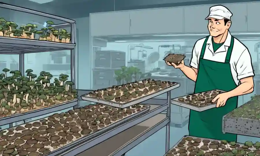 Un jardinero con bandejas de esporas de hongos en un entorno de laboratorio.