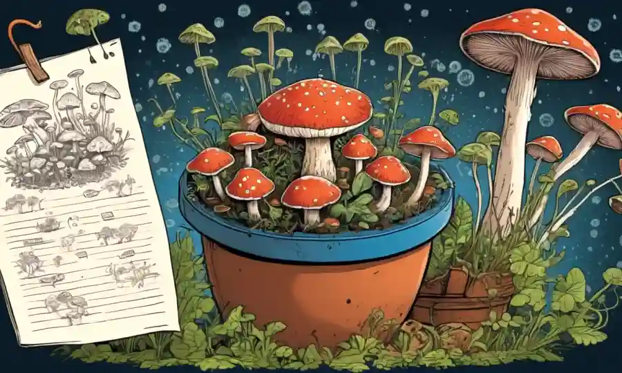 Un hongo creciendo en una olla, con esporas y notas de cultivo que la rodean.