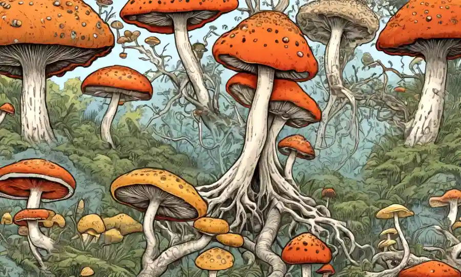 Árbol evolutivo de hongos ramificando sobre ilustraciones de conceptos micológicos y símbolos culturales.