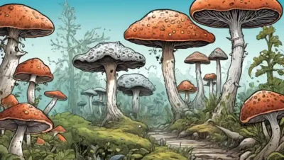 Ilustración científica que muestra evolución fúngica basada en cambios ambientales.