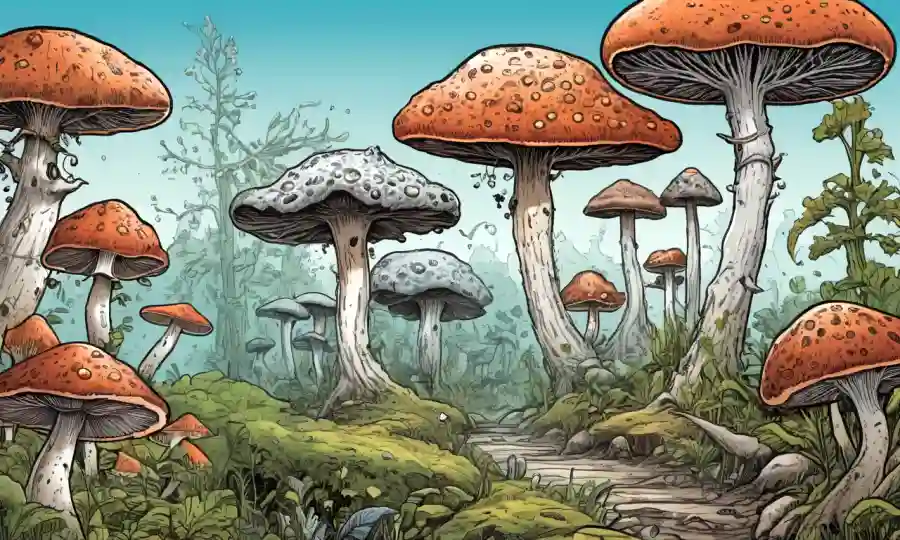 Ilustración científica que muestra evolución fúngica basada en cambios ambientales.
