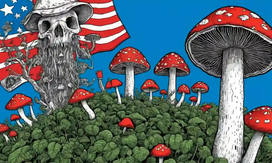 Los hongos crecen en medio de símbolos democráticos, con superposiciones de texto discutiendo su influencia.