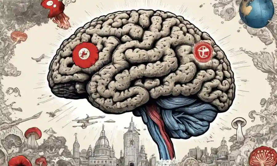 Un cerebro humano con hongos o hongos creciendo dentro, rodeado de mapa mundial y símbolos políticos, que transmiten impacto neuronal en la conciencia social.