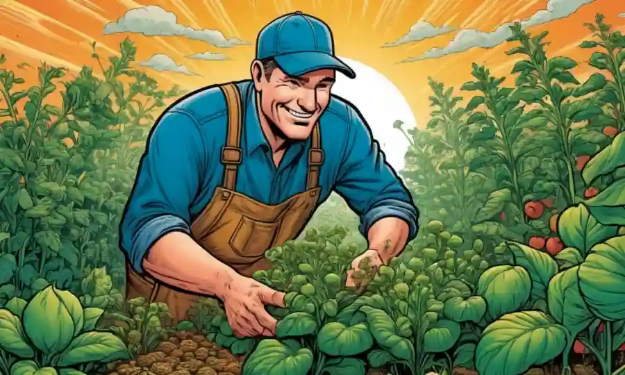 Un agricultor inspecciona cultivos rodeado de imágenes microscópicas de primos de plantas alegres que aumentan el crecimiento.