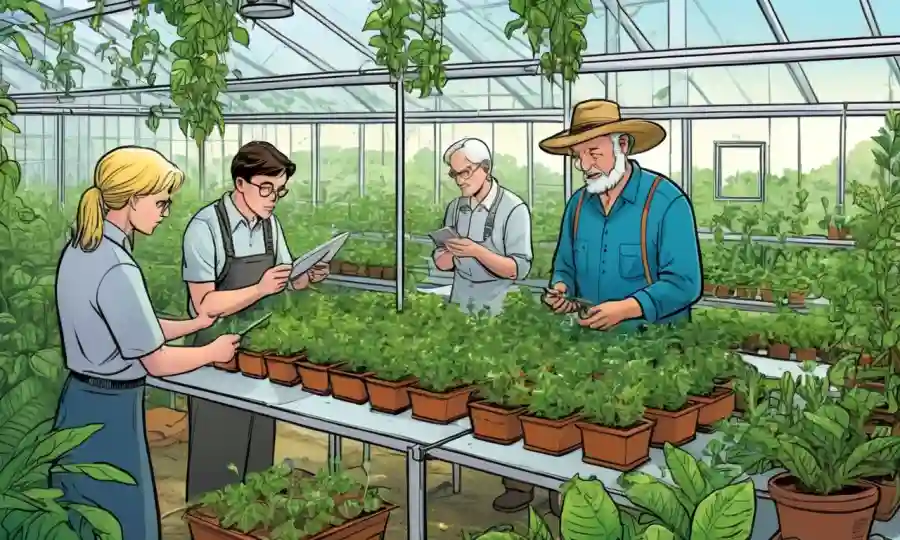 Farmers examining plant samples in a greenhouse setting amidst lush vegetation.