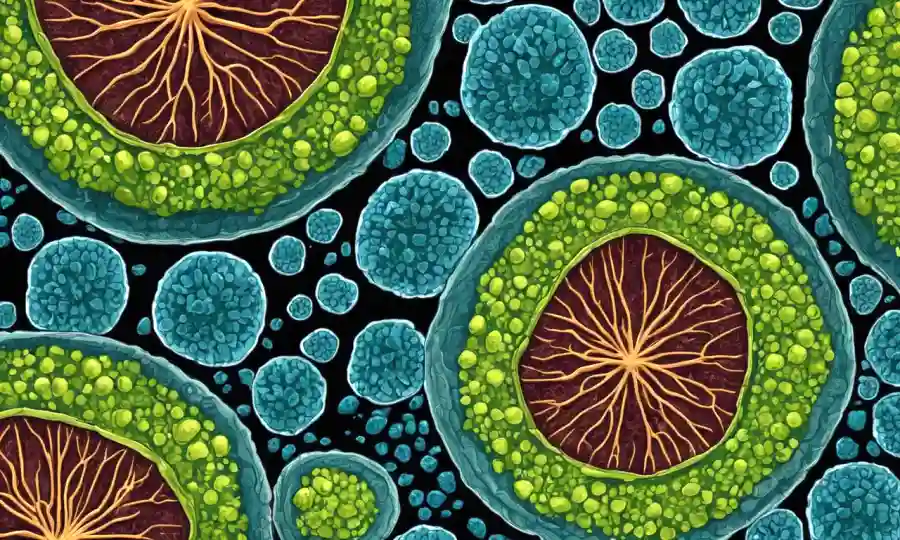 Imagen microscopio de células vegetales que muestran hongos endofitos interactuando con plantas.