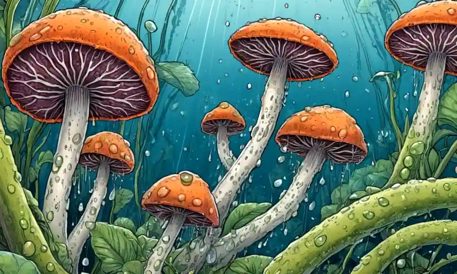 hongos microscópicos que viven dentro de las células vegetales en medio de gotas de agua y estructuras botánicas.