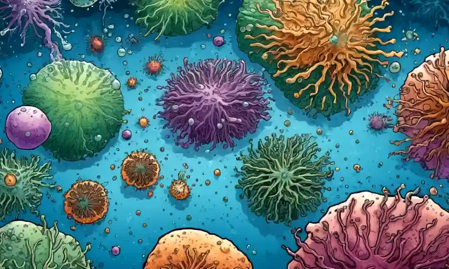 Organismos microscópicos endofiticos que prosperan en muestras de agua bajo microscopía.