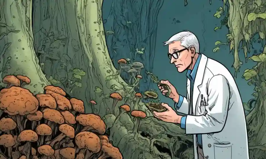 Un científico de plantas que examina el crecimiento fúngico cerca de la materia de plantas de descomposición.