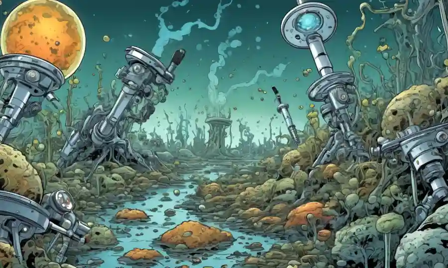 Imagen microscopio de un ecosistema contaminado con células escleroicas que afectan al medio ambiente.