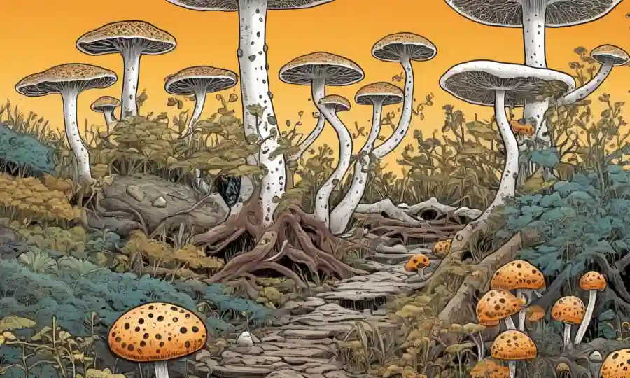 Fungi ciclo de vida que representa esporas, hifae y esclerotia en un ecosistema.