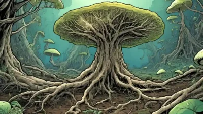 Ilustración de interacción micoinrhizósfera hongos ramificados entre raíces vegetales.