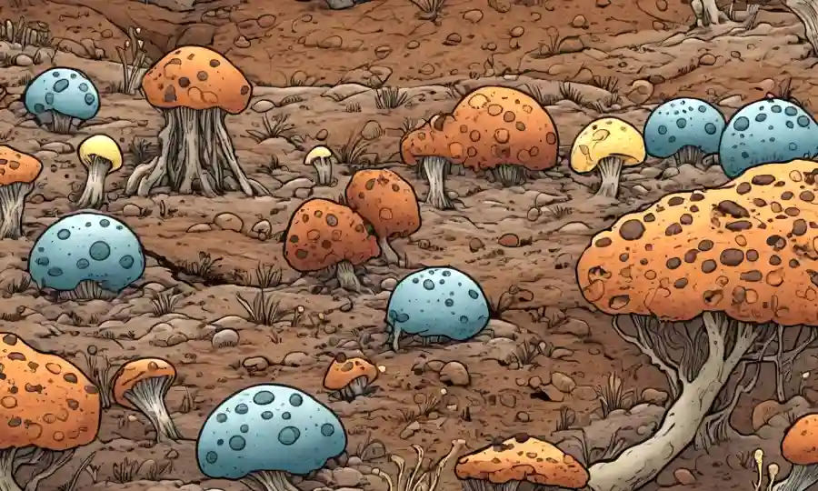 Ilustración de varios tipos de esporas interactuando con minerales del suelo.