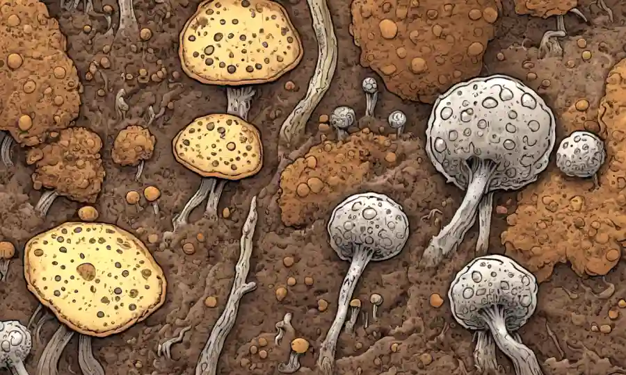 Una vista microscopio de esporas fúngicas interactuando con minerales del suelo.