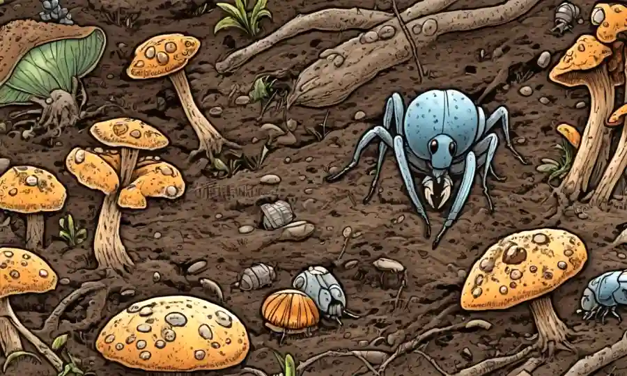 Una vista microscópica de hongos interactuando con insectos del suelo.