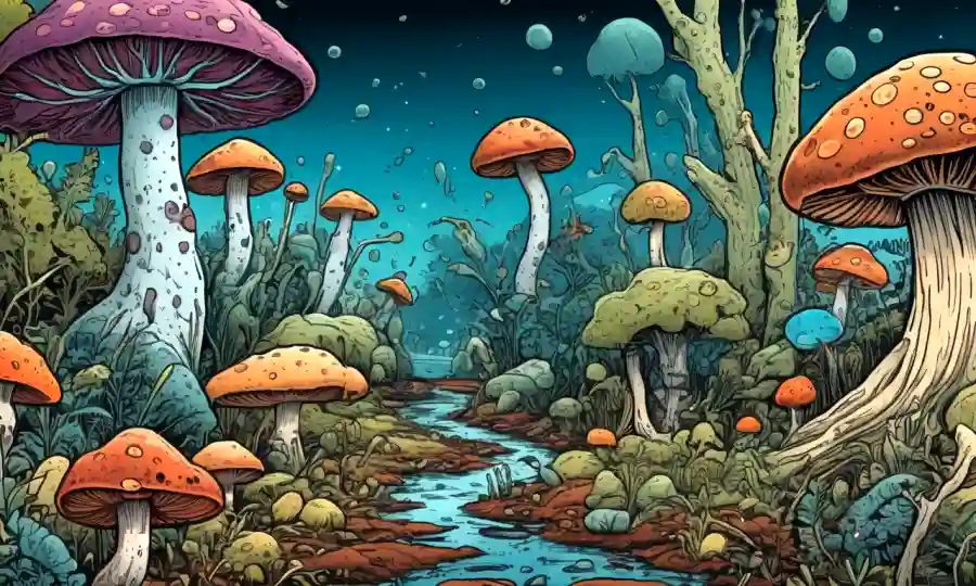 hongos microscópicos interactuando con otros microbios en una ilustración ecosistémica.
