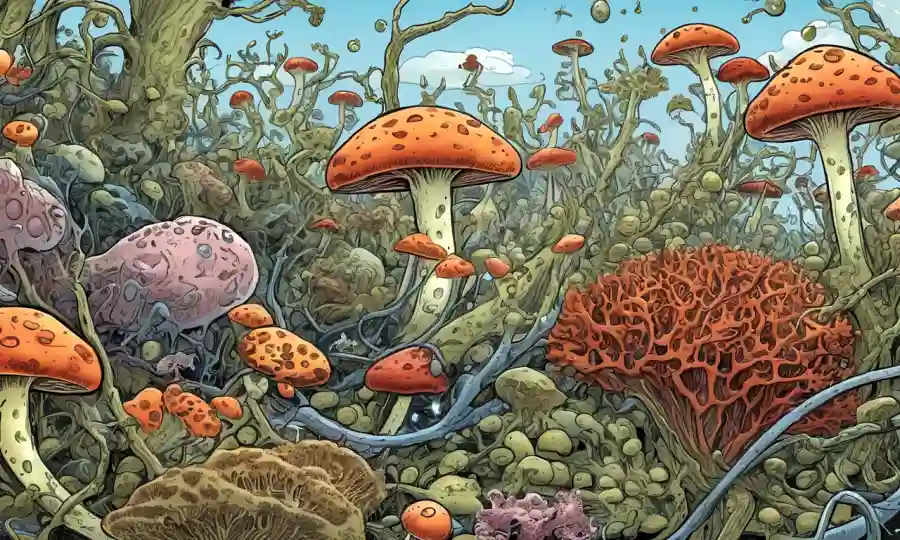 Células microscópicas de hongos rodeadas de otros microorganismos en un ecosistema enredado.