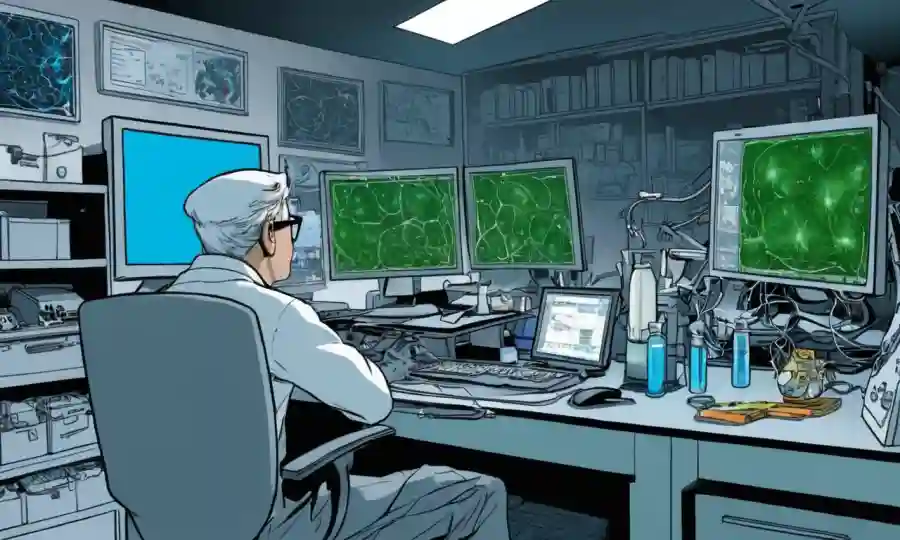 Científico analizando datos fúngicos en computadoras con gráficos y equipo de laboratorio cerca.