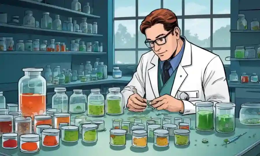 Científicos que estudian platos petri que contienen cultivos de hongos en un banco de laboratorio.