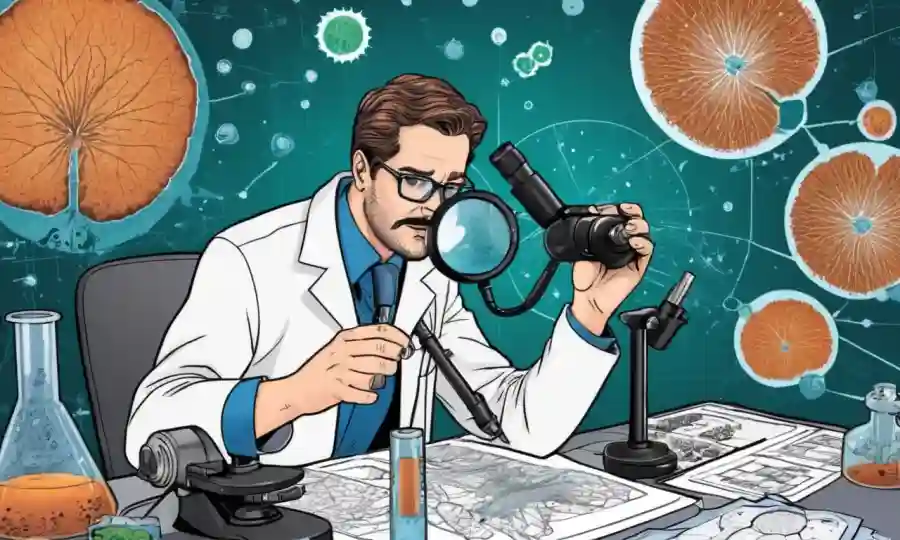 Científico examinando muestras de hongos bajo microscopio con gráficos y gráficos en fondo.