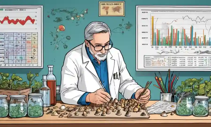 Análisis de muestras de hongos científicos en un mostrador de laboratorio rodeado de gráficos y gráficos.