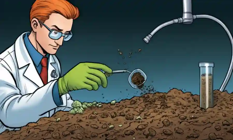 Un científico que inspecciona muestras de suelo con microorganismos beneficiosos.