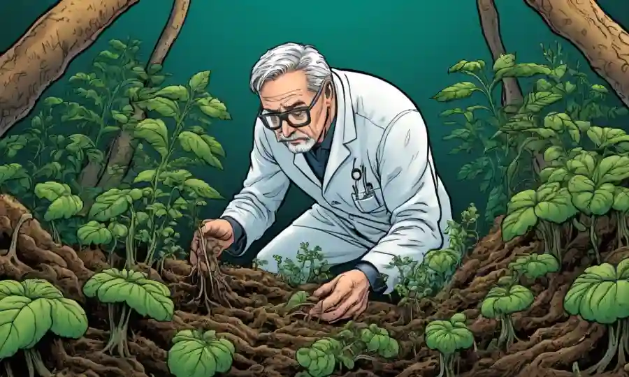 Un científico que examina las raíces de las plantas con microbios beneficiosos que combaten las plagas.