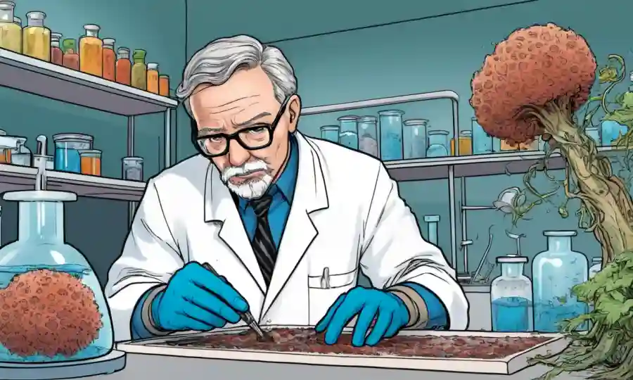 Científico que estudia endofitas fúngicas beneficiosas en un entorno de laboratorio.