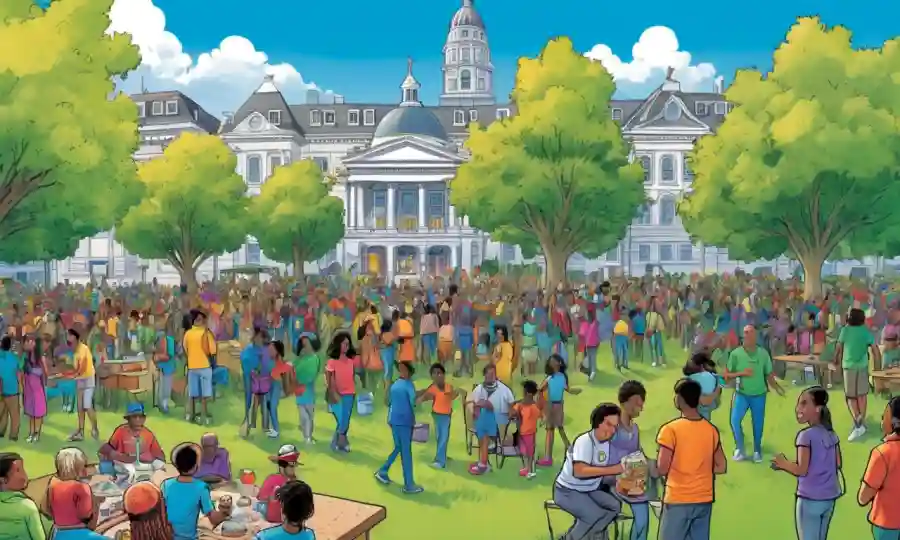 Un grupo diverso de personas que participan en un evento comunitario en un parque con colores vibrantes y edificios del ayuntamiento.