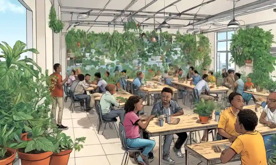 La gente se reunió alrededor de mesas y tablas en un espacio comunitario con plantas creciendo paredes.