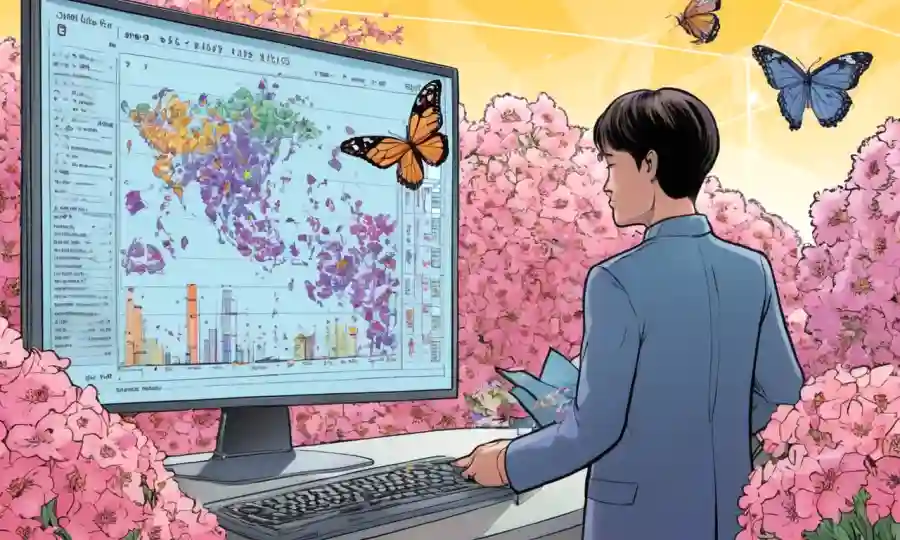 Una persona comunitaria con mariposa y flores en medio de mapas de datos en una pantalla.