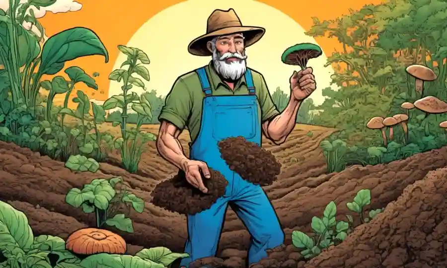 Un granjero con muestras de suelo, con hongos y plantas creciendo juntos en armonía.